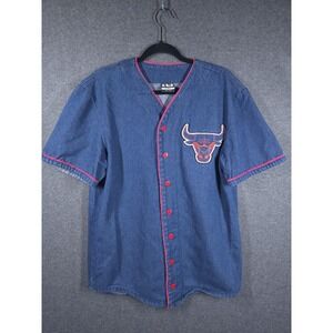 Vtg Y2K‎ Chicago Bulls NBA Denim Button Up Jersey Mens L Streetwear Hip-Hop